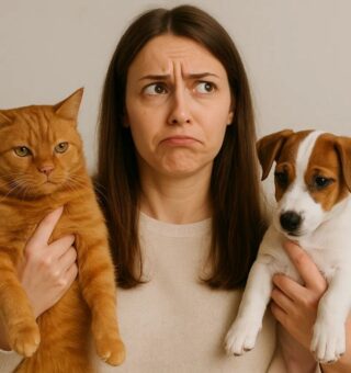 Uma mulher com um gato e cachorro na mão pensando no 2º pet mais adotado por brasileiro