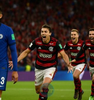 Jogadores do Flamengo comemorando no campo atrás de um jogador do Chelsea