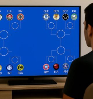 Um rapaz na sala de casa vendo a tabela do Mundial de Clubes 2025