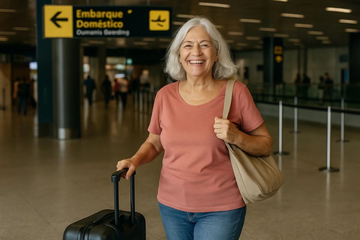 Uma idosa indo viajar depois de pagar R$ 200 na passagem de avião