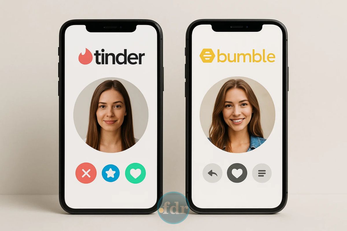 Imagem de tela dividindo dois celulares, um como Tinder x Bumble