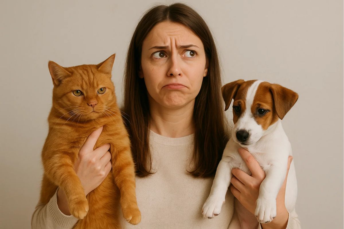 Uma mulher com um gato e cachorro na mão pensando no 2º pet mais adotado por brasileiro