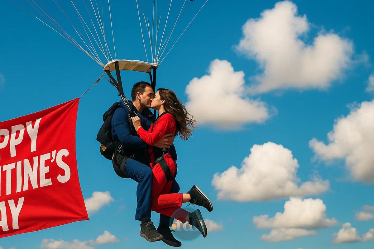 Um casal pulando de paraquedas no Dia dos namorados