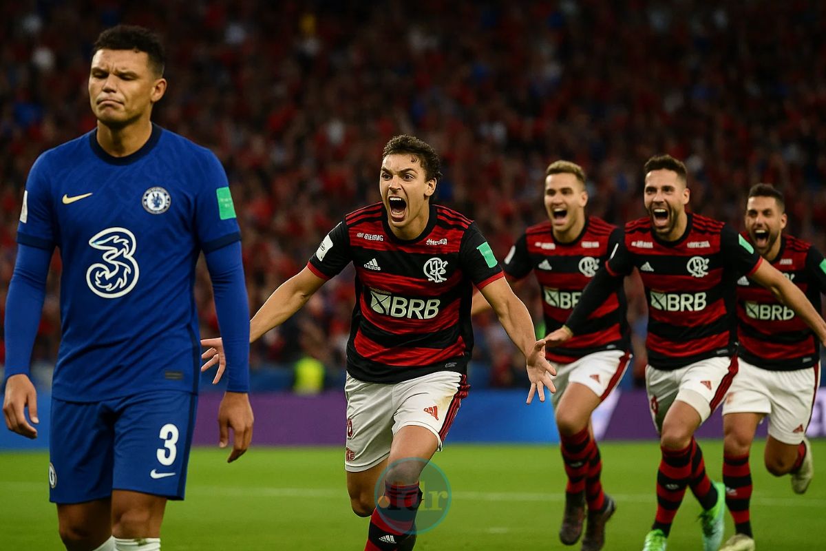 Jogadores do Flamengo comemorando no campo atrás de um jogador do Chelsea