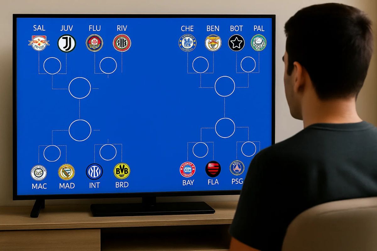 Um rapaz na sala de casa vendo a tabela do Mundial de Clubes 2025