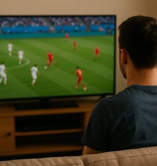 Um rapaz em casa assistindo Cazé TV ou Globo