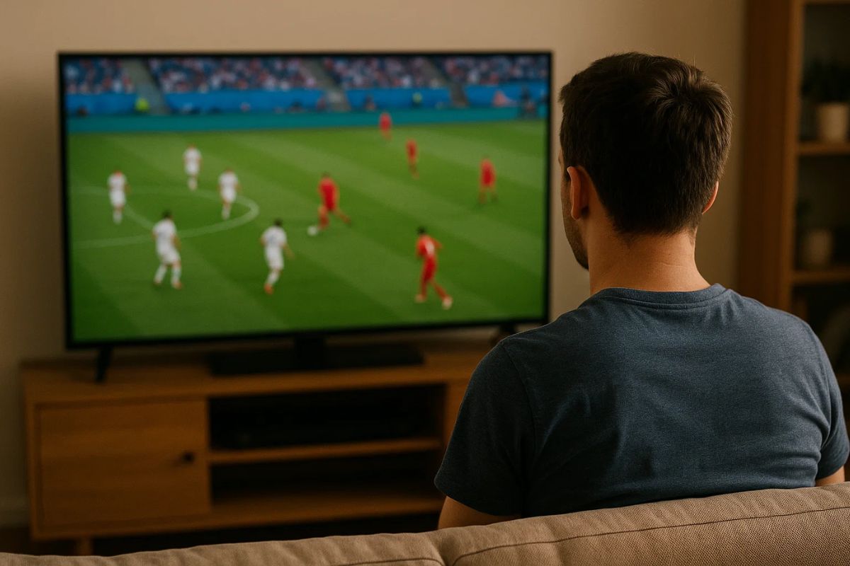 Um rapaz em casa assistindo Cazé TV ou Globo
