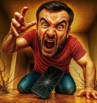 Ilustração de um rapaz irritado com uma das Piores Marcas de Celular. Ele taca seu celular no chão