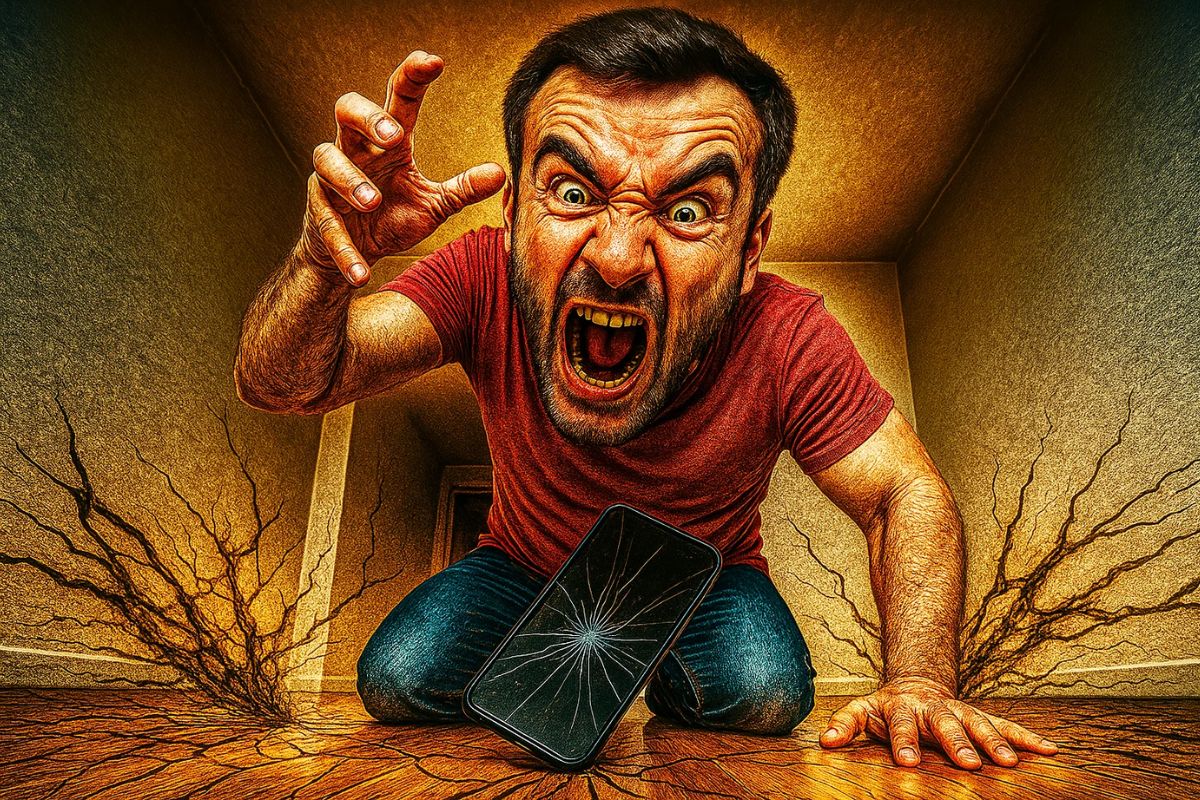 Ilustração de um rapaz irritado com uma das Piores Marcas de Celular. Ele taca seu celular no chão