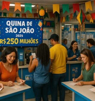Diversas pessoas em uma agência da Caixa para jogar na Quina de São João