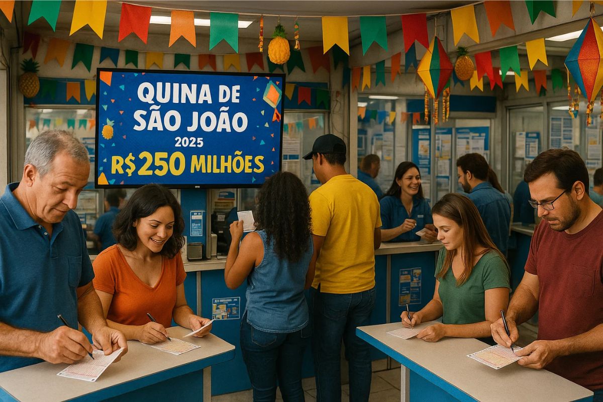 Diversas pessoas em uma agência da Caixa para jogar na Quina de São João