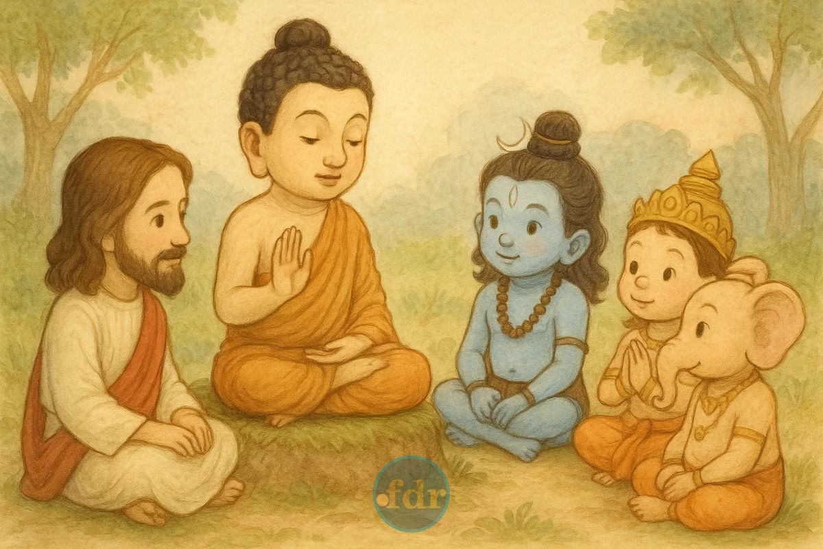Jesus à esquerda escuta Buda, no centro, ao lado de Shiva e outros dois deuses à direita