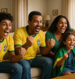 Uma família na sala vibrando com a Tabela do Mundial