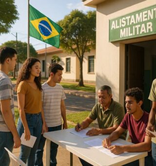 Uma fila de pessoas para fazer o alistamento militar
