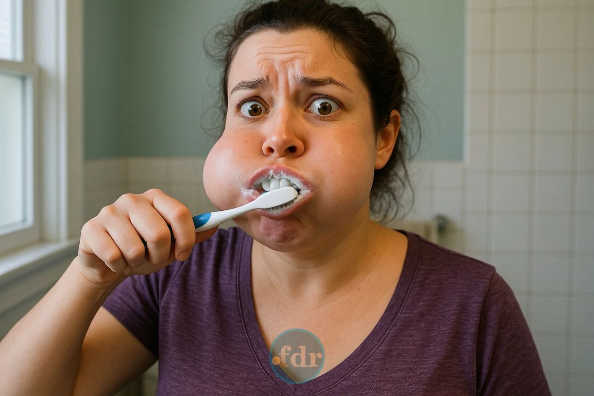 Uma pessoa escova os dentes depois que a Anvisa proíbe pasta de dente Colgate e fica inchada