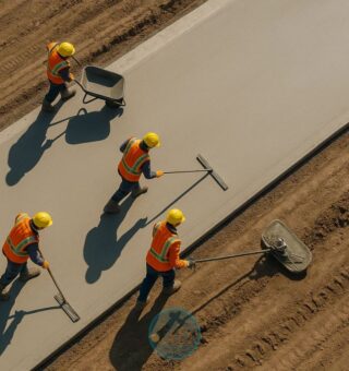 Pessoas construindo estrada de concreto ao invés de asfalto
