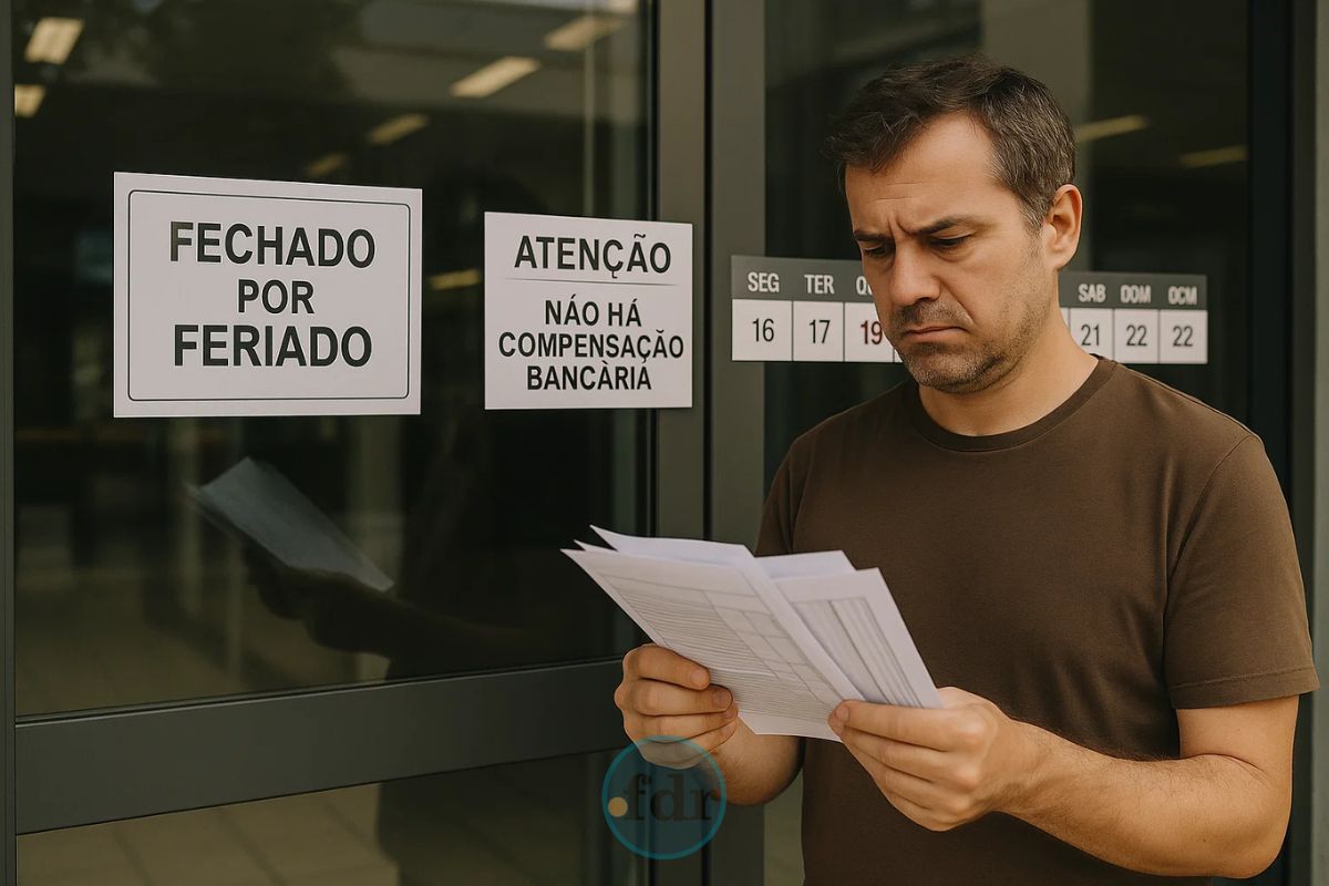 Um rapaz com documento na mão não sabia que os Bancos param de funcionar no feriado