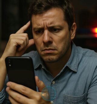 Um rapaz assustado com o bloqueio remoto de celular roubado