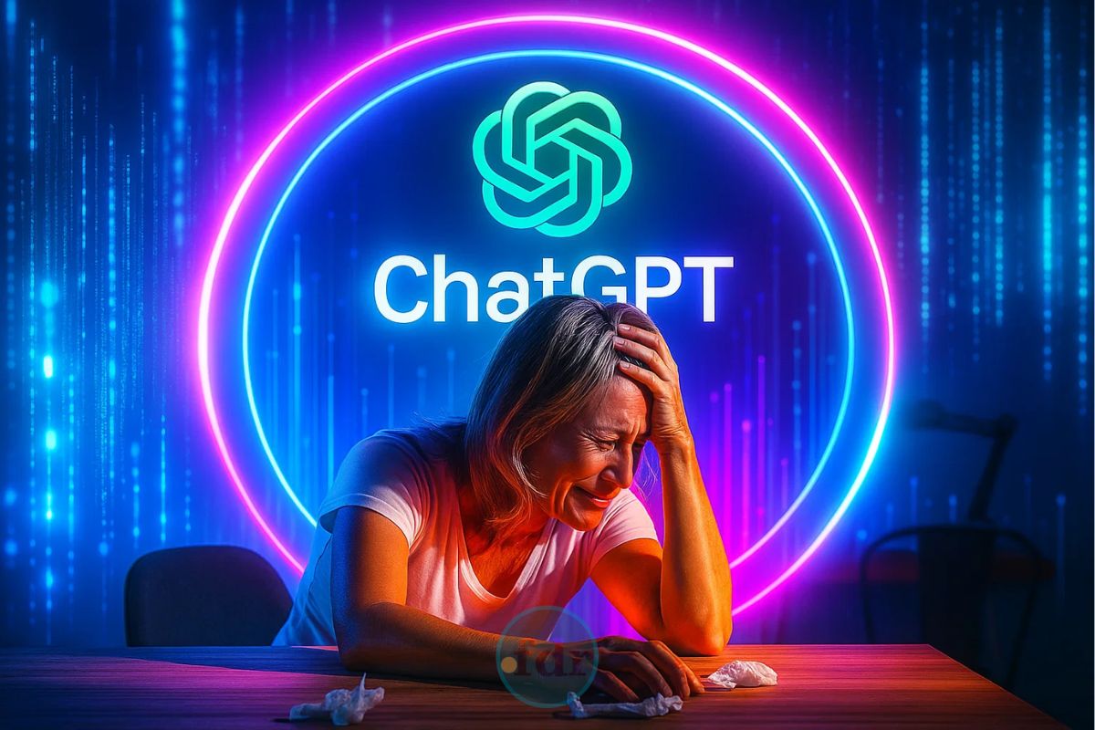 Uma mulher chorando porque o ChatGPT não está funcionando