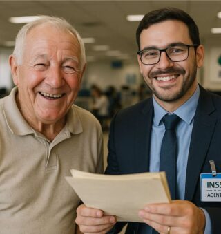 Um senhor ao lado de um agente do INSS após ver Como receber 1 salário mínimo do Governo em 2025