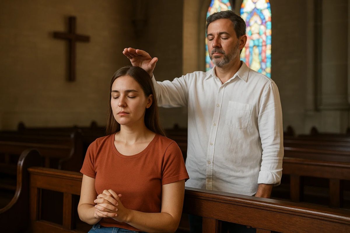 Uma pessoa transmitindo energia a outra através do passe magnético dentro da igreja