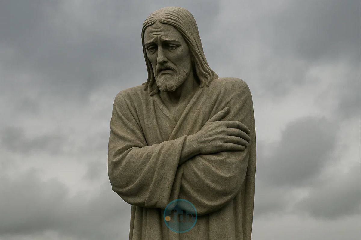 Cristo Redentor de braços cruzados depois que essa cidade do RJ nevou