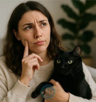 Uma mulher pensando no nome do seu Gato Preto