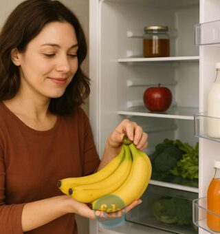 Uma mulher que aprendeu a guardar as bananas em frente à geladeira