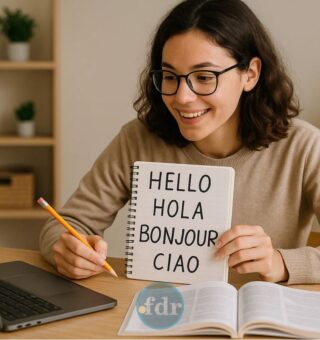 uma mulher estudando o idioma mais fácil de aprender