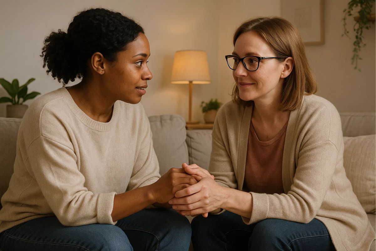 Uma mulher conversa com sua amiga, consciente da Inteligência Emocional