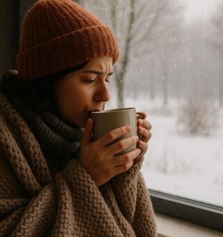 Uma mulher de toca e chá na janela vendo o  INVERNO 2025 começar