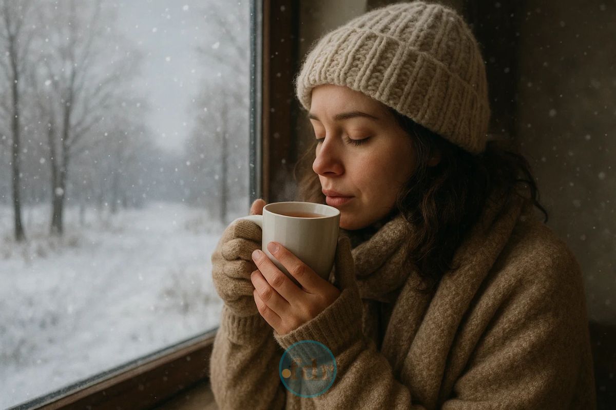 Uma mulher de toca e chá na janela vendo o INVERNO 2025 começar