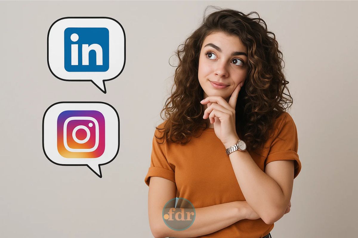 Uma mulher em dúvida entre o LinkedIn ou Instagram