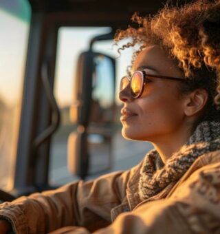 Uma motorista da maior viagem dê ônibus da América do Sul dentro da cabine do ônibus