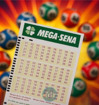 Um bilhete com cores vibrantes ilustrando o sorteio da Mega-Sena 2878