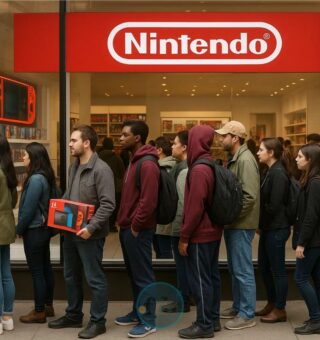 Pessoas fazendo fila em frente a loja da Nintendo