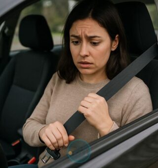Uma mulher no carro preocupada com a Nova Lei para sinto de segurança