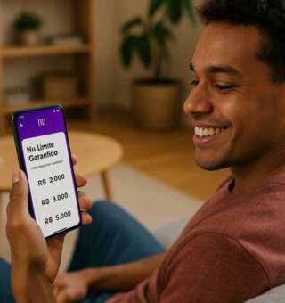 Um rapaz sorri com o aplicativo do Nubank aberto em seu celular