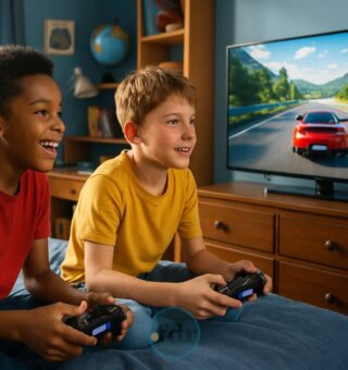 Dois jovens jogando O melhor jogo de carros de todos