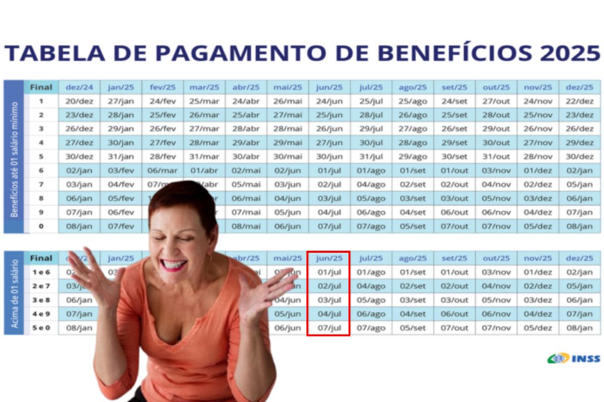 Uma mulher comemorando o Pagamento INSS e o calendário está ao fundo