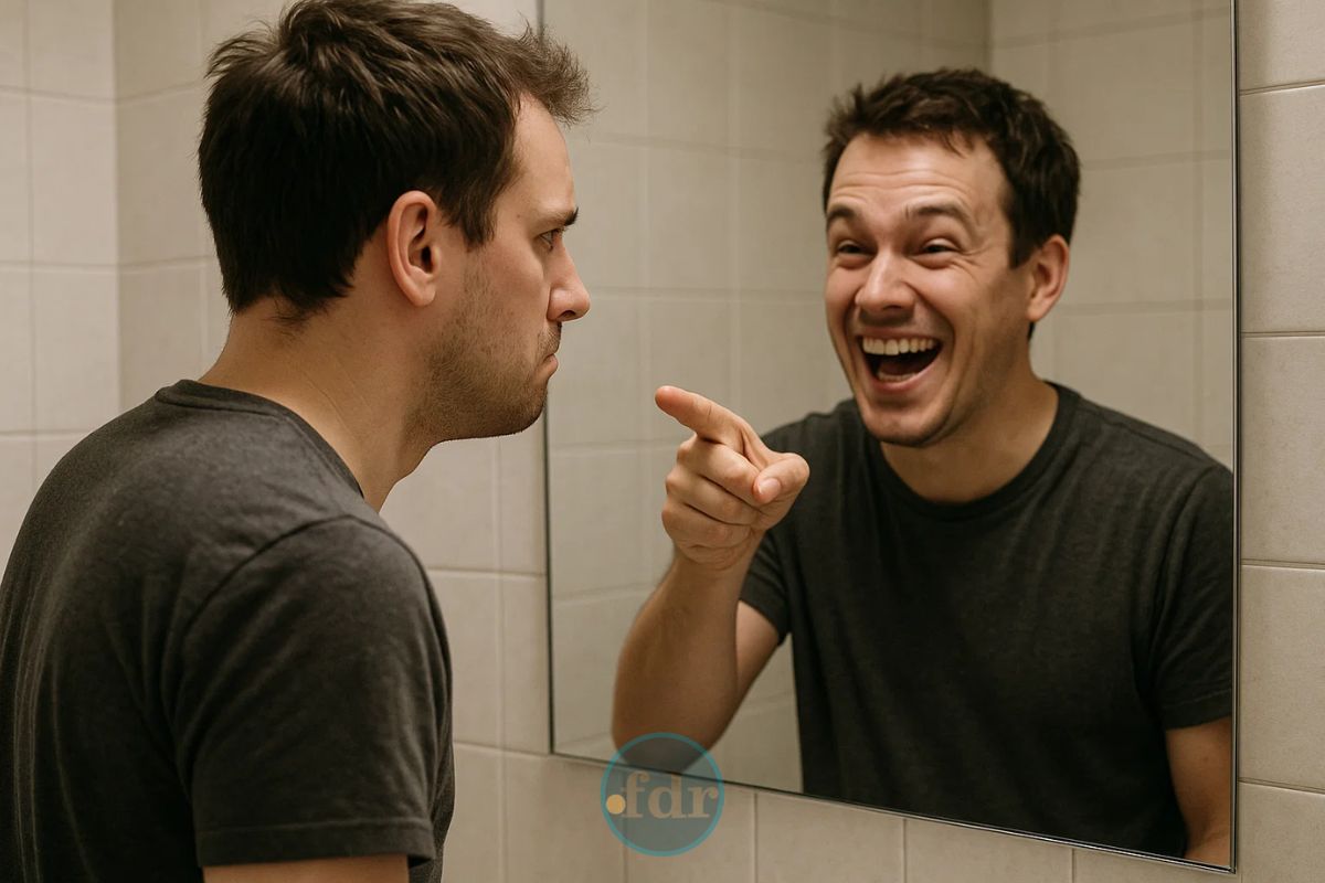 Uma pessoa em frente ao espelho enquanto seu reflexo aponta para ele rindo de sua cara vivendo o dilema das pessoas mais e menos inteligentes