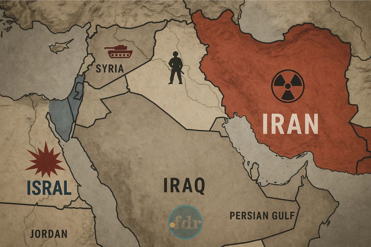 Ilustração de um mapa mostrando Por que Israel e Irã estão em Guerra