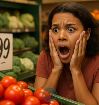 uma mulher assustada no mercado vendo os Alimentos que mais aumentaram de preço em 2025