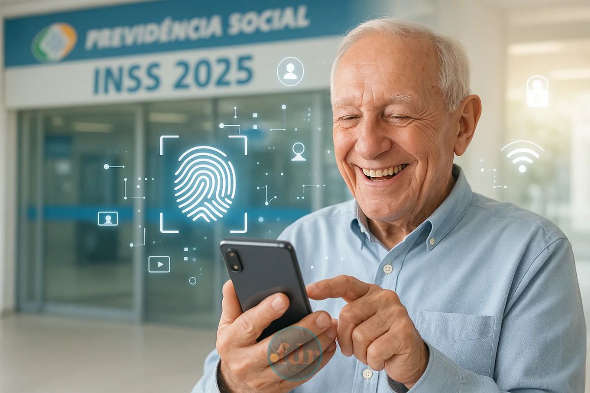 Um senhor feliz fazendo a prova de vida INSS 2025 através do celular