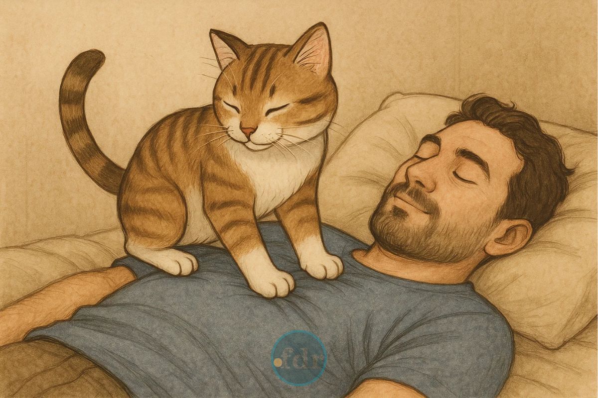 Um homem deitado no sofá quando o gato amassa pãozinho em você