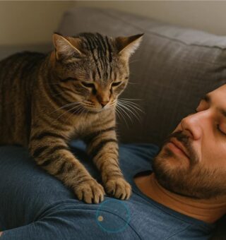Um homem deitado no sofá quando o gato amassa pãozinho em você