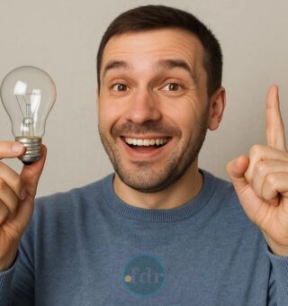 Uma pessoa que Quer gastar menos na conta de energia segura uma lâmpada e levanta o dedo indicador da outra mão