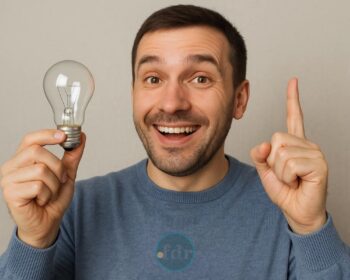 Uma pessoa que Quer gastar menos na conta de energia segura uma lâmpada e levanta o dedo indicador da outra mão