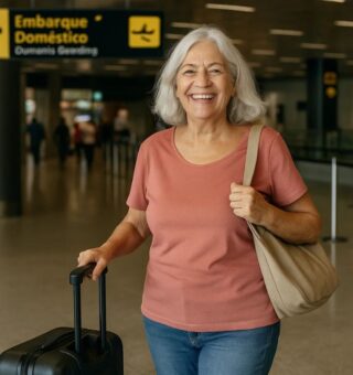 Uma idosa indo viajar depois de pagar R$ 200 na passagem de avião