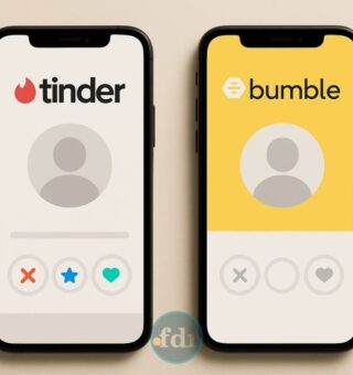 Imagem de tela dividindo dois celulares, um como Tinder x Bumble